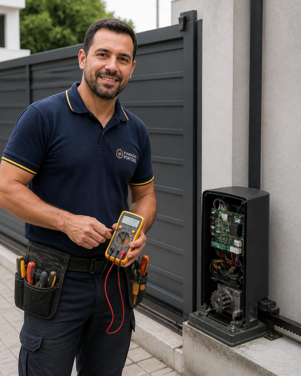 Marcos Almeida, técnico em portões eletrônicos, ao lado de um motor de portão deslizante.