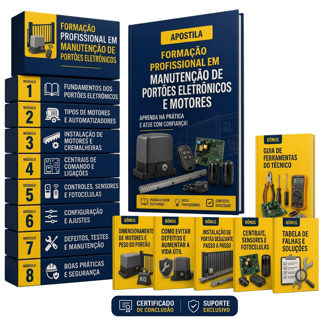 Mockup da apostila Formação Profissional em Manutenção de Portões Eletrônicos e Motores com módulos e bônus